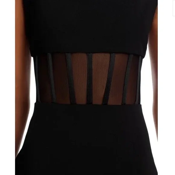 AQUA Black Scuba Crepe Halter Neck Mesh Panel Formal Maxi Dress